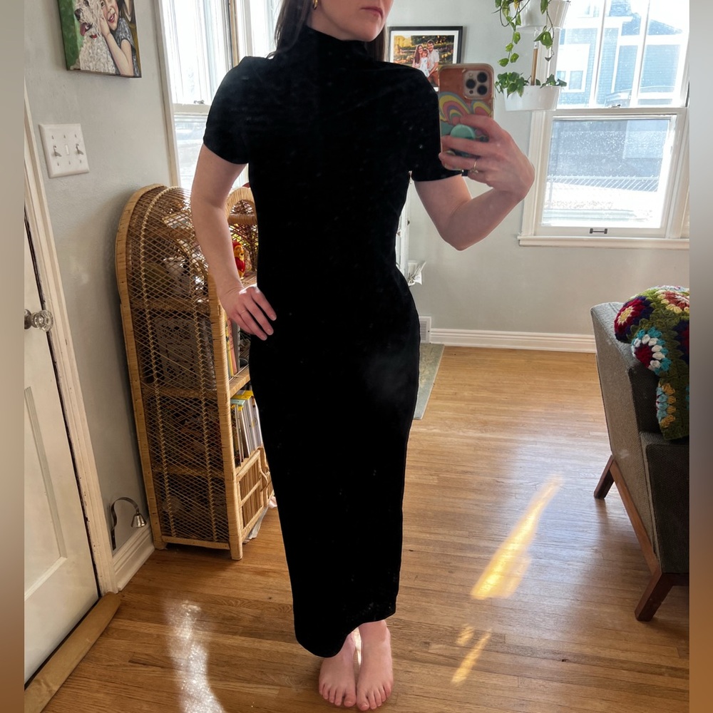 Vintage 90s Mock Turle Neck Long Black Velvet Dresss